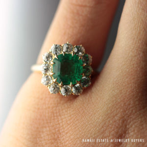 Antique 1920's Natural Colombian Emerald Old European Diamond Ring