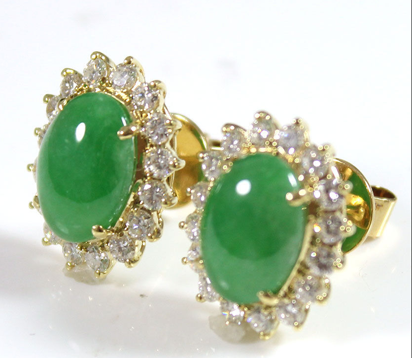 natural jade and diamond yellow gold earrings